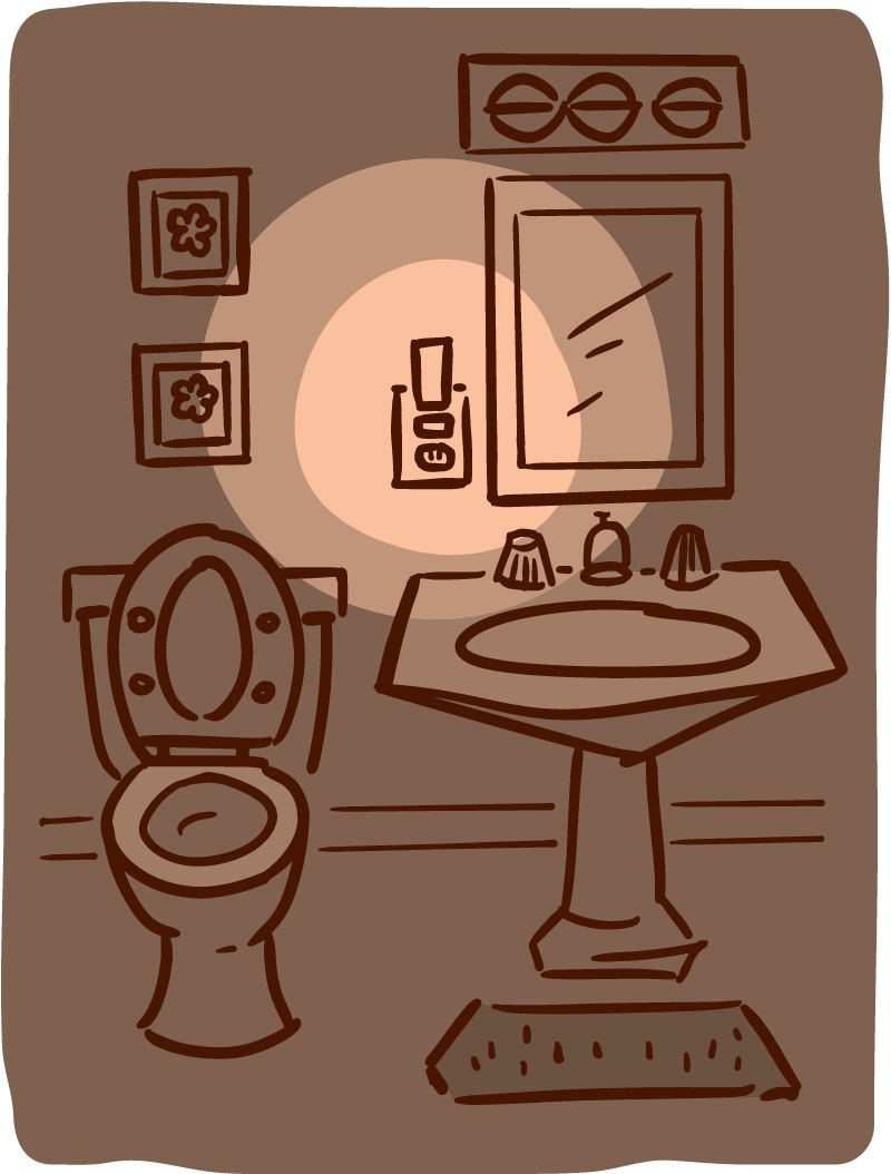 Illustration of bathroom toilet and sink lit up by a nightlight Illustration of bathroom toilet and sink lit up by a nightlight.