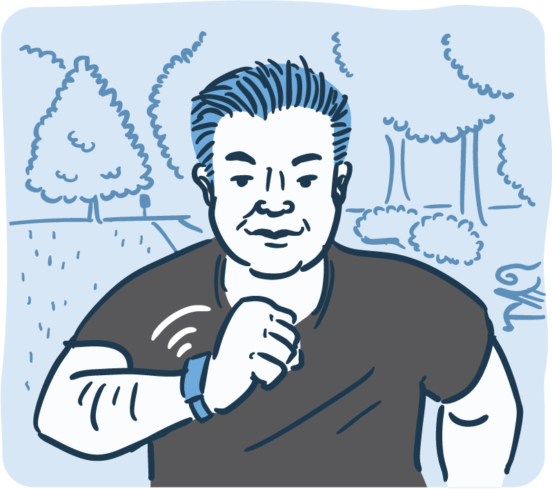 Illustration of a man running looking at a health sensor on his wrist Illustration of a man running looking at a health sensor on his wrist.